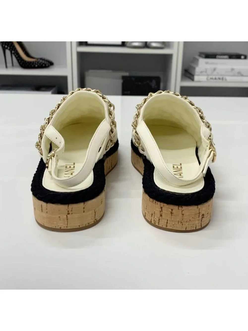 Chanel CC Logo Quilted Chain Leather Cork Sandals